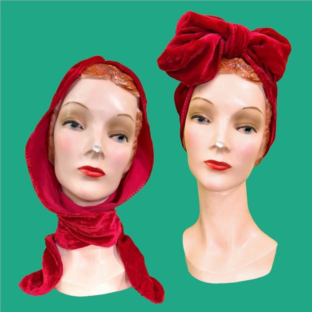 Vintage 1940s Red Velvet Turban Headscarf